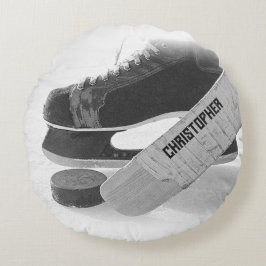 Hockey zwarte Schaatsen gepersonaliseerd Rond Kussen