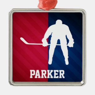 Hockeyspeler; Rood, Wit en Blauw Metalen Ornament