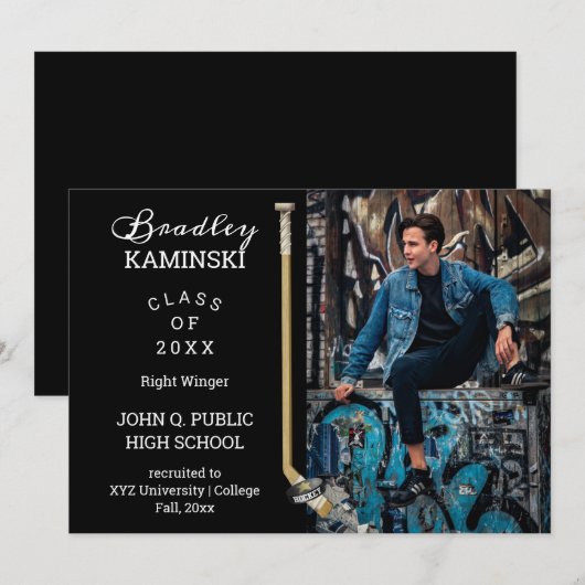Hockeyspeler Sport Afstudeerfoto Aankondiging (Voorkant / Achterkant)