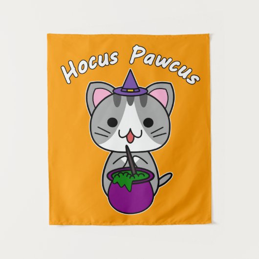 Hocus Pawcus - Gray Tabby Cat - White Writing Wandkleed (Voorkant)