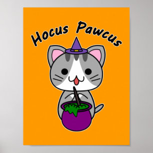 Hocus Pawcus - grijze tabbykat - zwarte tekst Poster
