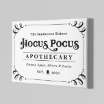 Hocus Pocus Apothecary Black en White Halloween Canvas Afdruk<br><div class="desc">Welkom uw gasten met deze spookachtige leuke Halloween canvas wandkunst. Het stijlvolle typografische ontwerp is voorzien van de tekst "The Sanderson Sisters Hocus Pocus Apothecary - Potions,  Spells,  Elixers & Tonics". Het zwarte en witte ontwerp is geaccentueerd met scrolls,  een schedel en dwarsbeenderen,  en sterelementen.</div>