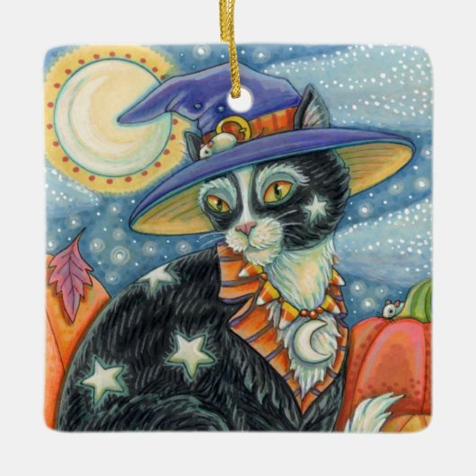 HOCUS POCUS BLACK CAT WITCH & MOUSE HALLOEEN KERAMISCH ORNAMENT (Voorkant)