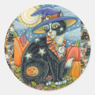 HOCUS POCUS BLACK CAT WITCH & MOUSE HALLOEEN RONDE STICKER