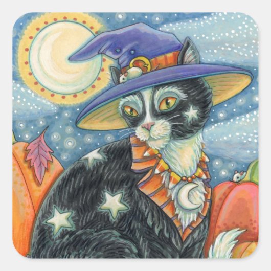 HOCUS POCUS BLACK CAT WITCH & MOUSE HALLOEEN VIERKANTE STICKER (Voorkant)
