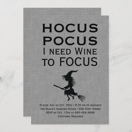 HOCUS POCUS Grey Halloween Party Kaart (Voorkant / Achterkant)