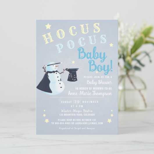 Hocus Pocus Magic Snowman Winter Boy Baby shower Kaart (Staand voorkant)