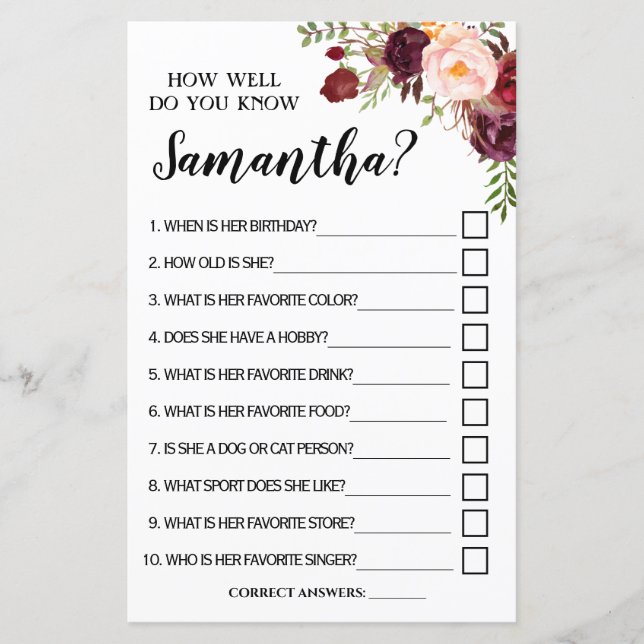 Hoe goed ken je Bride Marsala Shower Game? (Voorkant)