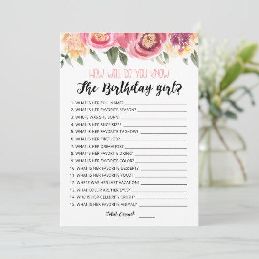 Hoe goed ken je de Birthday girl spel Kaart (Staand voorkant)