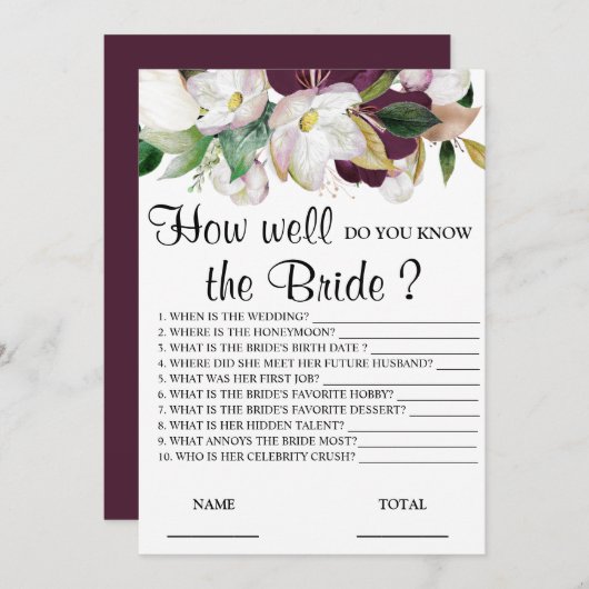 Hoe goed ken je de Bride Floral Game? Kaart (Voorkant / Achterkant)