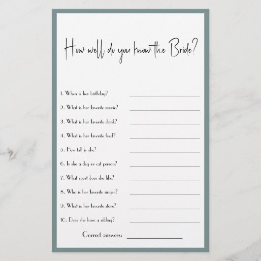 Hoe goed ken je de Bride? Shower Game Flyer (Voorkant)
