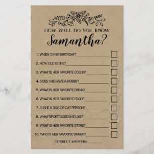 Hoe goed ken je de Bride Shower Rustic Game Kaart? Flyer