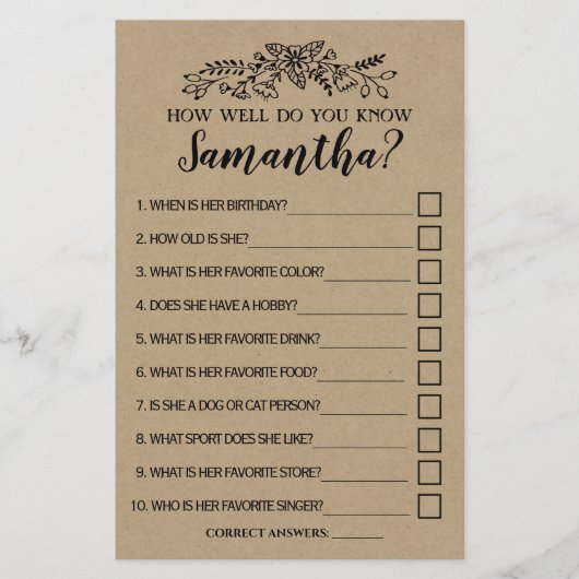 Hoe goed ken je de Bride Shower Rustic Game Kaart? Flyer (Voorkant)