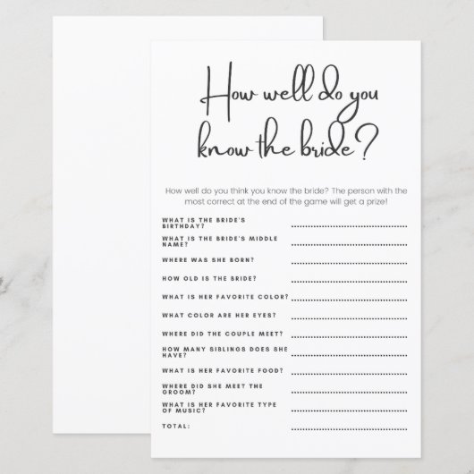 Hoe goed ken je de bruid bruiloft douche spel (Voorkant / Achterkant)