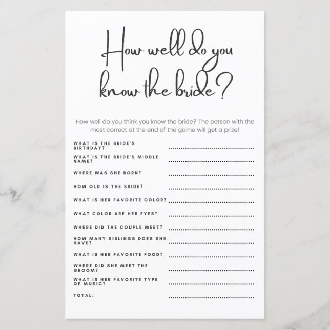 Hoe goed ken je de bruid bruiloft douche spel (Voorkant)