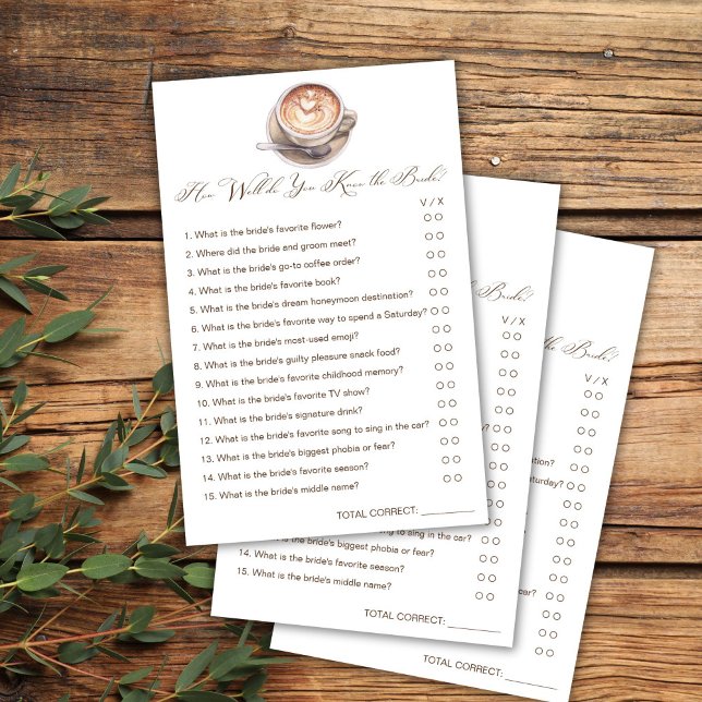 Hoe goed ken je de bruid koffie douche spel (How well do you know the bride love is brewing cappuccino coffee fall shower games cards)