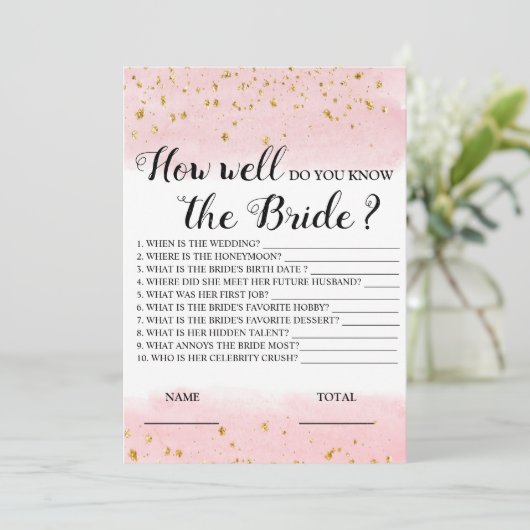 Hoe goed ken je de Bruid Roze Bruiloftsspel Kaart (Staand voorkant)