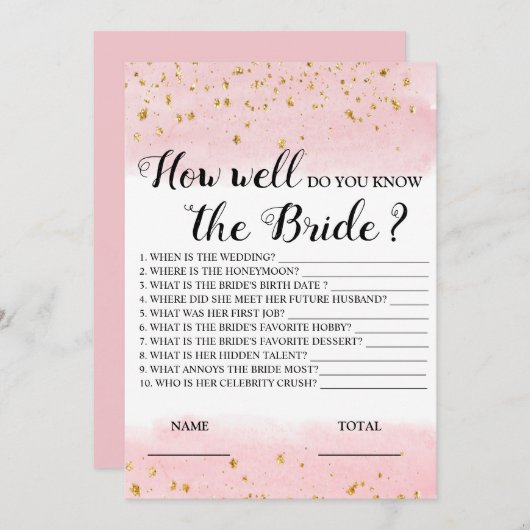 Hoe goed ken je de Bruid Roze Bruiloftsspel Kaart (Voorkant / Achterkant)