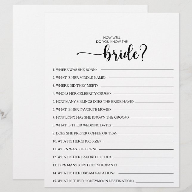 Hoe goed ken je het Bride Vrijgezellenfeest Game? (Voorkant / Achterkant)
