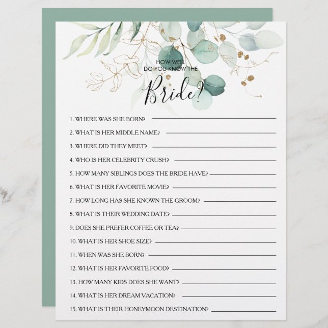 Hoe goed ken je het Bride Vrijgezellenfeest Game? (Voorkant / Achterkant)