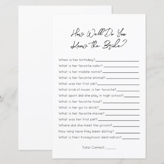 Hoe goed ken je het bruid- Vrijgezellenfeest spel (Voorkant / Achterkant)