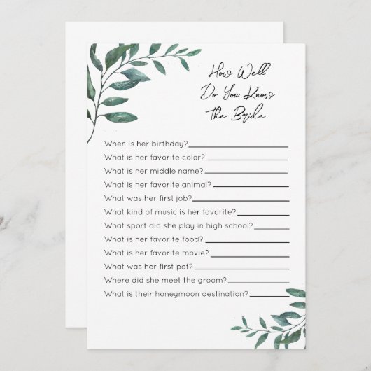 Hoe goed ken je het bruidsspel - Eucalyptus Programmakaart (Voorkant / Achterkant)