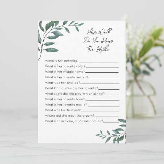Hoe goed ken je het bruidsspel - Eucalyptus Programmakaart (Staand voorkant)