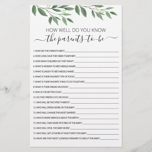 Hoe goed ken je het ouderlijk Baby shower? (Voorkant)