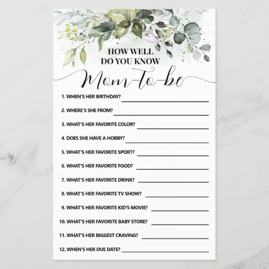 Hoe goed ken je mam Greenery Shower Game Kaart (Voorkant)