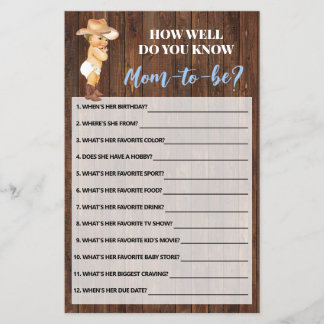 Hoe goed ken je mama Cowboy Shower Game Card Flyer