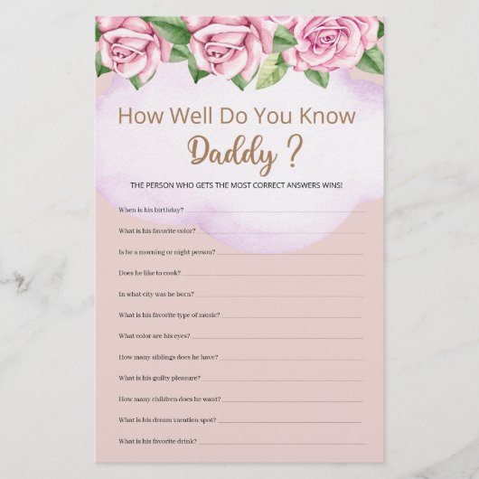 Hoe goed ken je papa meisje Baby shower (Voorkant)