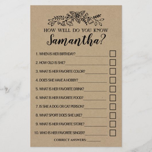 Hoe goed kent u Bruidsshower Rustic spelkaart Flyer (Voorkant)