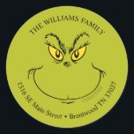 Hoe Grinch stal Christmas Face - Adres Ronde Sticker<br><div class="desc">Voeg een leuke Grinchy touch toe aan uw e-mail met deze "How the Grinch Stole Christmas"-sticker met het adres van het gezicht, met de iconische ondeugende grijns van de Grinch. Deze speelse sticker is ideaal voor het aanspreken van uw vakantiekaarten, geschenken of arrangementen en brengt een feestelijk en humoristisch element...</div>