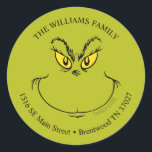 Hoe Grinch stal Christmas Face - Adres Ronde Sticker<br><div class="desc">Voeg een leuke Grinchy touch toe aan uw e-mail met deze "How the Grinch Stole Christmas"-sticker met het adres van het gezicht, met de iconische ondeugende grijns van de Grinch. Deze speelse sticker is ideaal voor het aanspreken van uw vakantiekaarten, geschenken of arrangementen en brengt een feestelijk en humoristisch element...</div>