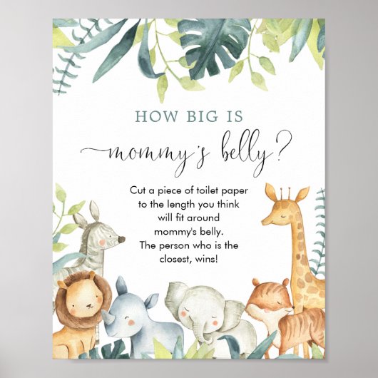 Hoe groot is mama's buik safari baby shower spel poster (Voorkant)