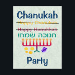 Hoe kan ik Hanukkah Chanukah partijuitnodigingen v Kaart<br><div class="desc">Hoe spelt u Hanukkah, er Chanukah, of is het toch Hanukah? Het is duidelijk dat de enige 'juiste' manier om het te spellen in het Hebreeuws is! Een leuk ontwerp met "Happy Hanukkah" en "Happy Chanukah" doorheen en "Chanukah Sameach!" in het Hebreeuws, met een chanukiah (menorah), dreidel en goudgelt onder...</div>