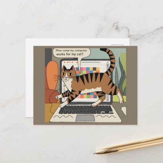 Hoe komt mijn computer werkt voor Cat Funny Cartoo Briefkaart (Voorkant / Achterkant in situ)