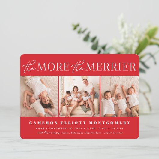 Hoe meer de Merrier 3 foto moderne vakantie geboor Aankondiging (Staand voorkant)