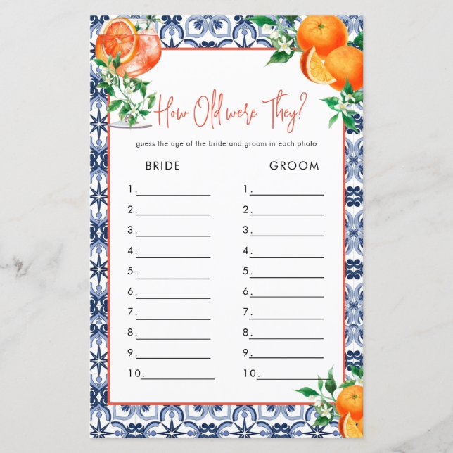 Hoe oud? Aperol Spritz Vrijgezellenfeest spel (Voorkant)