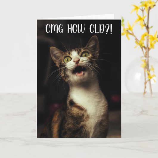 "Hoe oud?!" Funny Cat Birthday Kaart (Gele Bloem)