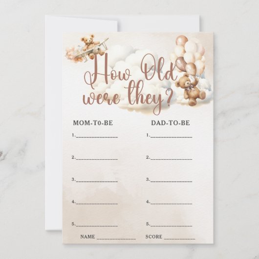 HOE OUD WAREN ZE Baby shower Spel Schattige Beer Kaart (Voorkant)
