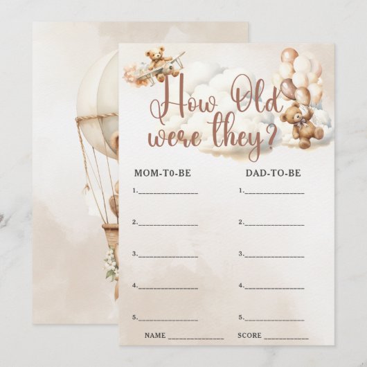 HOE OUD WAREN ZE Baby shower Spel Schattige Beer Kaart (Voorkant / Achterkant)