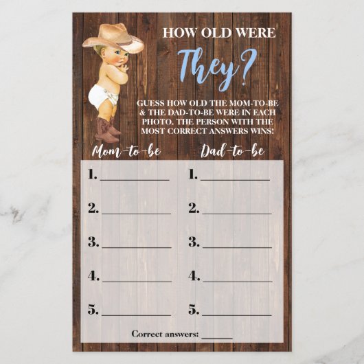 Hoe oud waren ze cowboy Baby shower Game Card? Flyer (Voorkant)