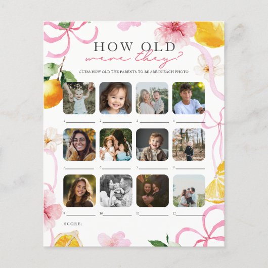 Hoe oud waren ze Lemon Baby Shower Spel Flyer (Voorkant)