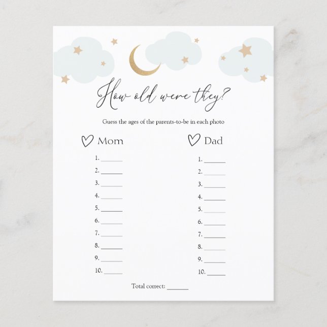 Hoe oud waren ze Over de Maan Baby Shower Spel  (Voorkant)