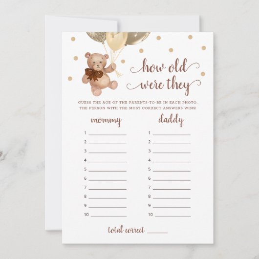 Hoe oud waren ze spel Baby shower Teddy Bear Kaart (Voorkant)