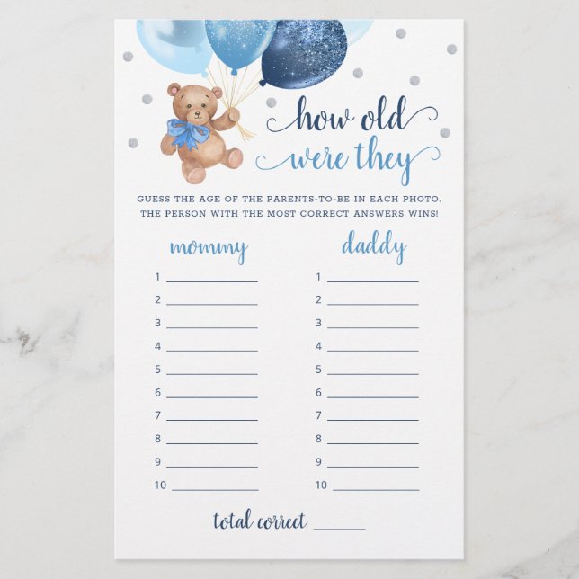 Hoe Oud Waren Ze Spel Baby Shower Teddybeer  (Voorkant)