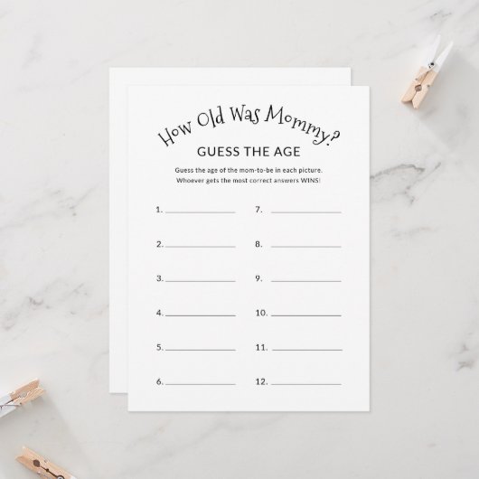 Hoe oud was mama minimalistisch Baby shower spel Kaart (Voorkant / Achterkant in situ)