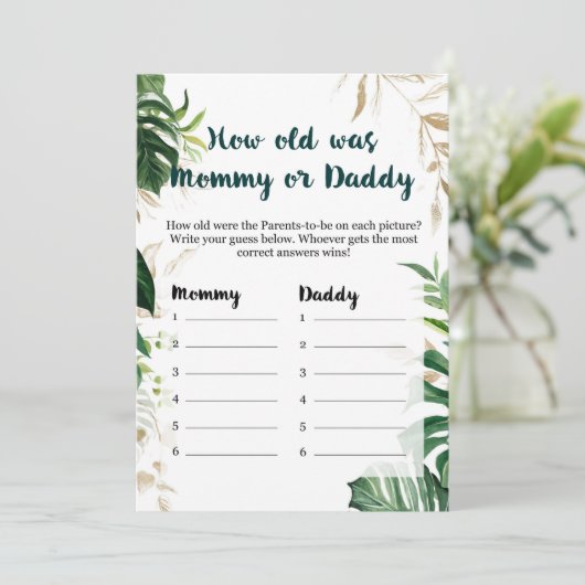 Hoe oud was mama of papa Safari Baby shower Game Kaart (Staand voorkant)