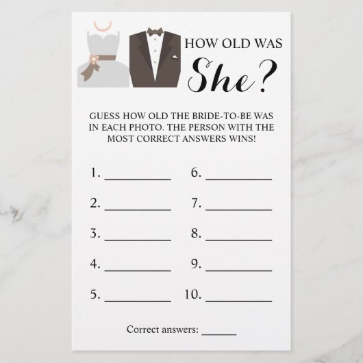 Hoe oud was ze? Bride- en Groom-spelkaart Flyer (Voorkant)